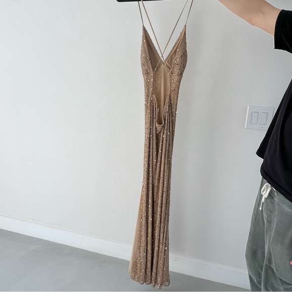 Gold sequin and beaded maxi sleeveless open back slit dress gown - Picture 2 of 7